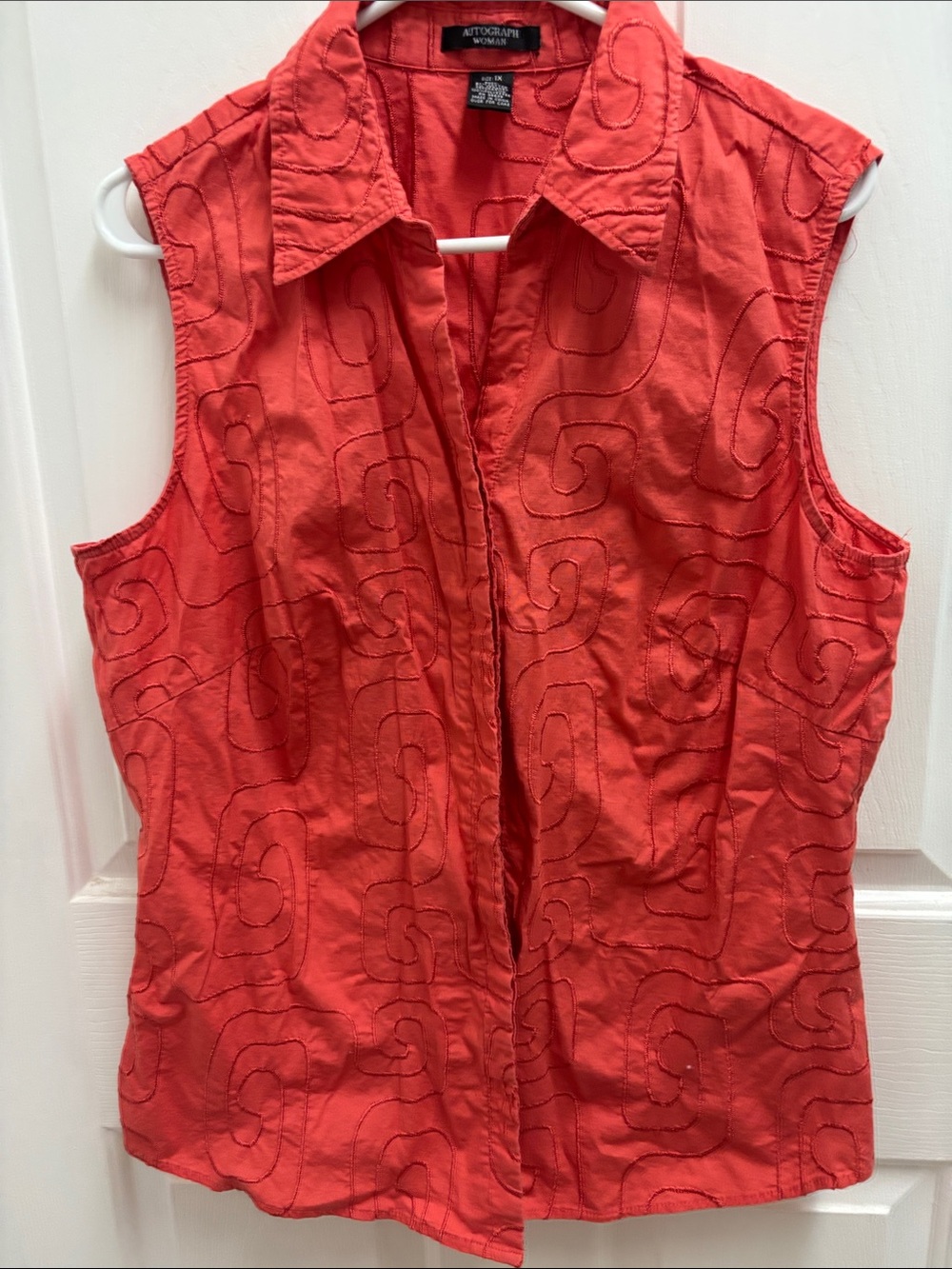 Autograph Coral-Red Sleeveless Collared Embroidered Top